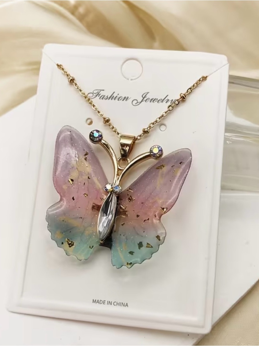 Private Label Gold Butterfly Necklace with Pink and Blue Gradient Wings